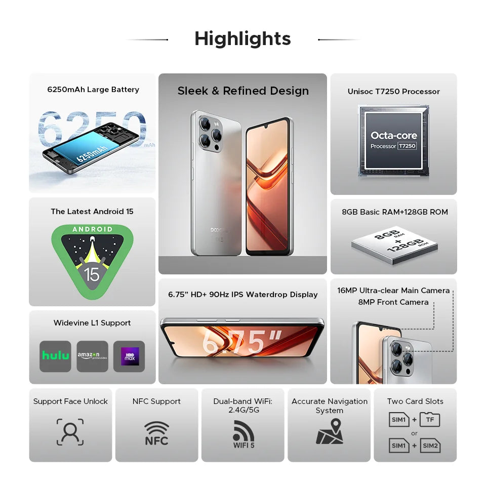 DOOGEE Note 58 Android 15 Smartphone 8GB 128GB 6.75" HD+ 90Hz IPS Screen 6250mAh Large battery NFC Widevine L1 Cell Phone