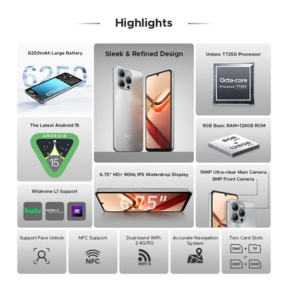 DOOGEE Note 58 Android 15 Smartphone 8GB 128GB 6.75" HD+ 90Hz IPS Screen 6250mAh Large battery NFC Widevine L1 Cell Phone