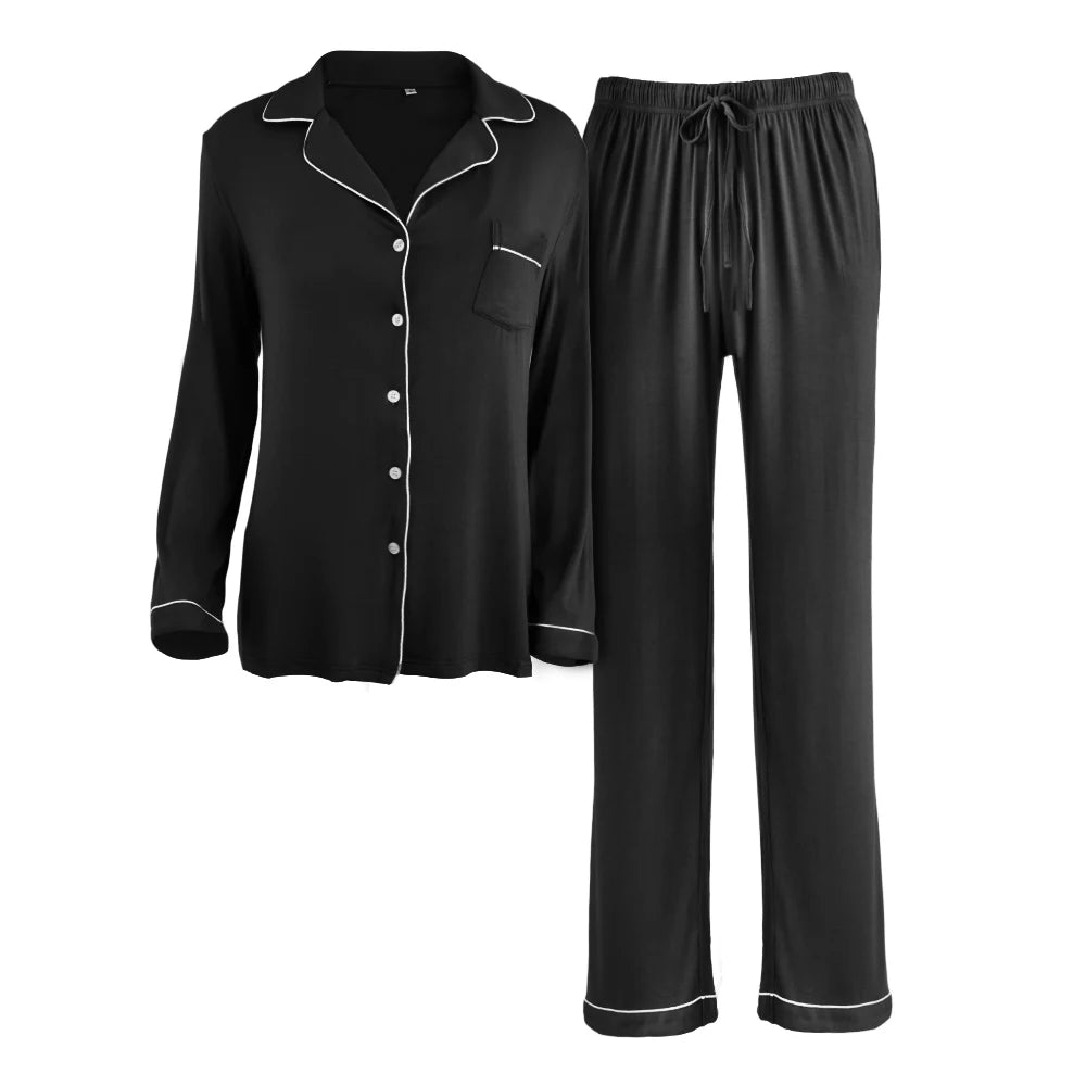 Modishion Long Sleeve Lapel Pajamas Solid Color Loungewear Set Button Top and Pants Women's Sleepwear Loungewear