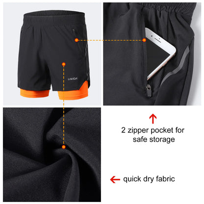 Lixada Men 2 in 1 Running Shorts Quick Drying Breathable Active Training Exercise Jogging Marathon Cycle Shorts