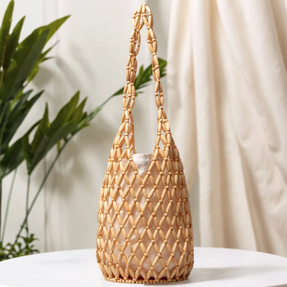 Women Hollow-out Shoulder Bags Woven Hand Bag Wooden Bead Tote Handbag Beach Top-Handle Bags Summer Netted Canvas Bucket Bags