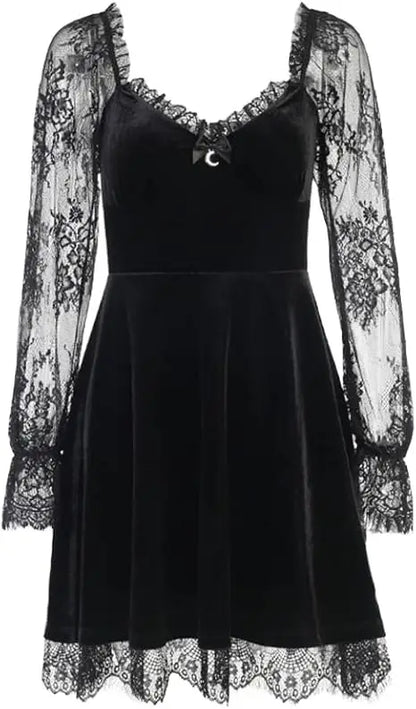 MEOWCOS Women Dark Retro Style Velvet Long Sleeves Dress Elegant Lace Dresses Cocktail Dress Party Evening Moon Pendant Dress