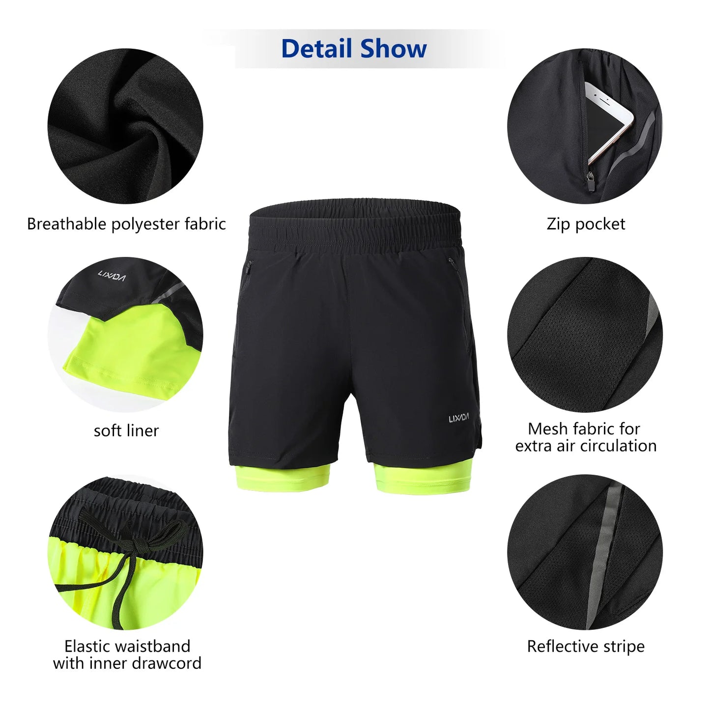 Lixada Men 2 in 1 Running Shorts Quick Drying Breathable Active Training Exercise Jogging Marathon Cycle Shorts