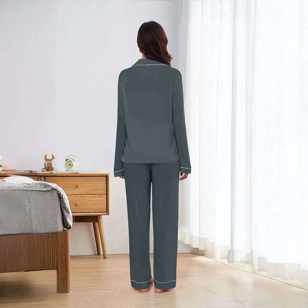 Modishion Long Sleeve Lapel Pajamas Solid Color Loungewear Set Button Top and Pants Women's Sleepwear Loungewear