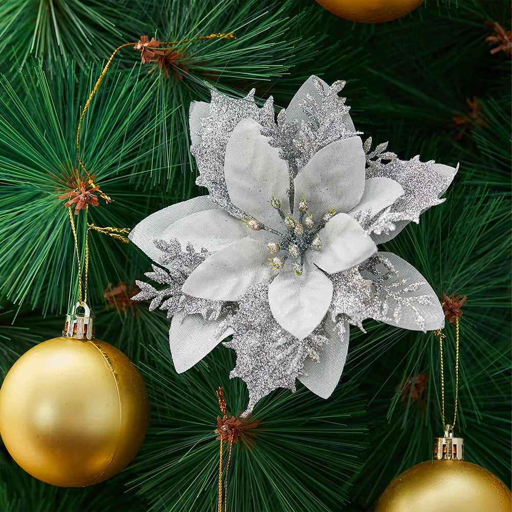 24 Pcs Christmas Tree Flower Decorations Glitter Artificial Flower Ornaments Christmas New Year Party Holiday Home Decoration