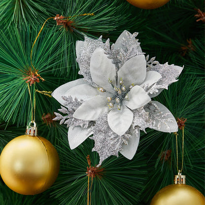 24 Pcs Christmas Tree Flower Decorations Glitter Artificial Flower Ornaments Christmas New Year Party Holiday Home Decoration