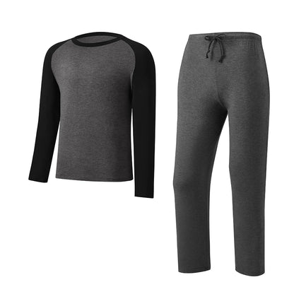 Modishion Men's Long Sleeve Cotton Pajama Set Modal Home Clothes Long Shirt Pants Pajamas