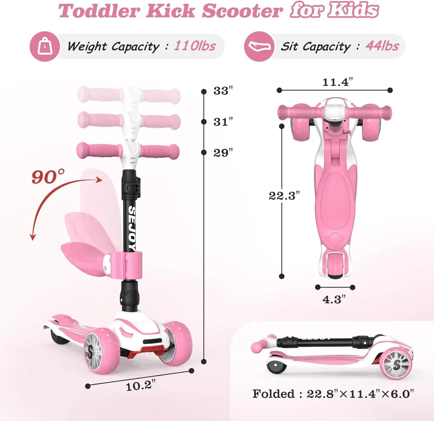 Sejoy Baby Scooter 2-8 Years with LED Wheels Adjustable Height Foldable Design & Dual Modes - Military-Grade Frame