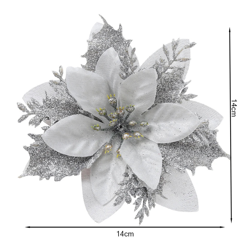 24 Pcs Christmas Tree Flower Decorations Glitter Artificial Flower Ornaments Christmas New Year Party Holiday Home Decoration