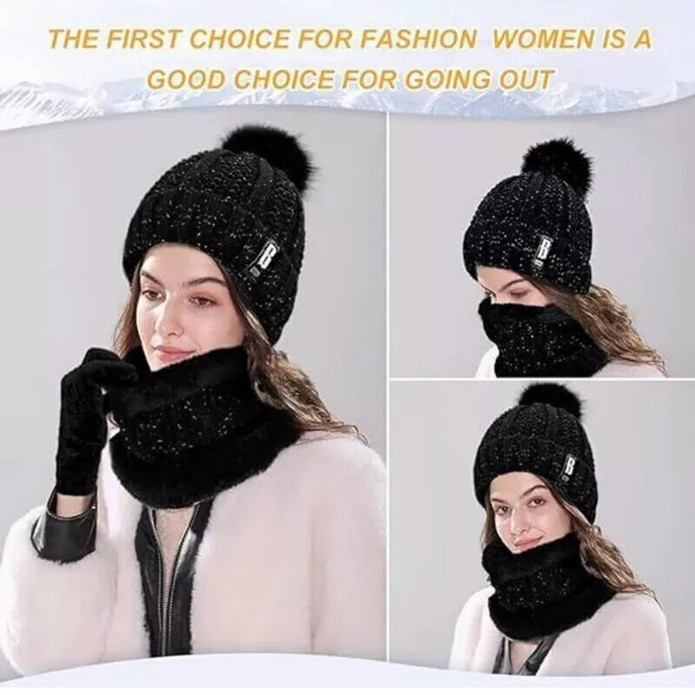 Womens Girls Thick Knit Hat Scarf and Touchscreen Gloves Set Knitted Winter Gift