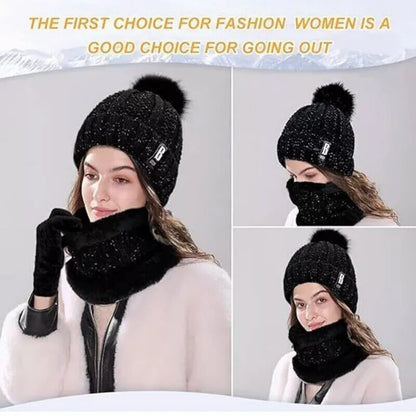 Womens Girls Thick Knit Hat Scarf and Touchscreen Gloves Set Knitted Winter Gift