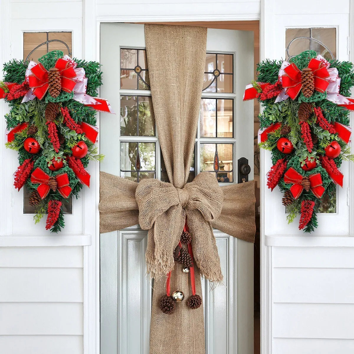 Christmas Wreath Artificial Gold Decorated Door Decoration With Bows Pendant