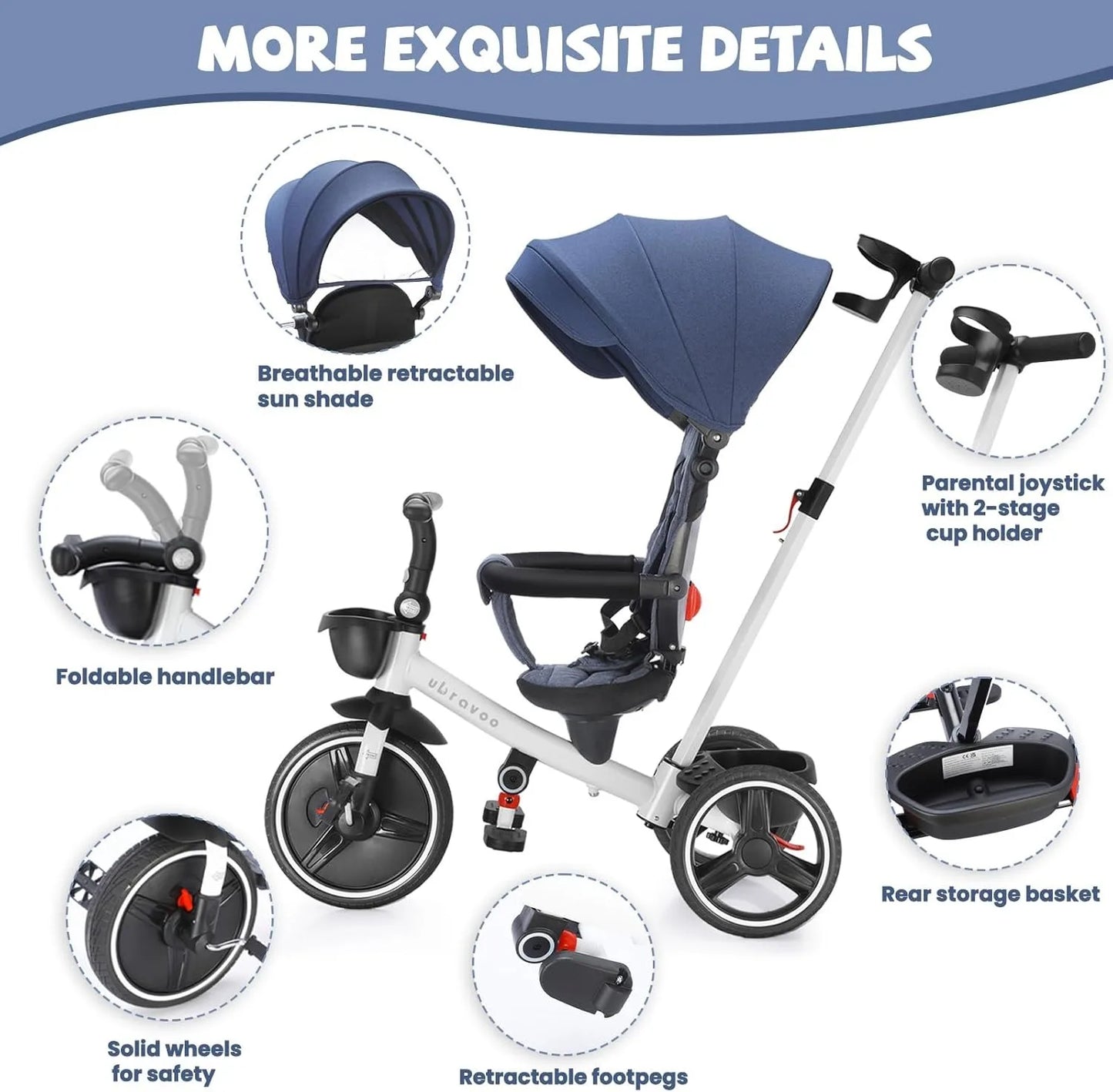 Ubravoo Baby Stroller Tricycle Ride Bike , 5-in-1, Adjustable Canopy, Sitting & Lying,Celerity Disassembly & Assembly,1-5 Years