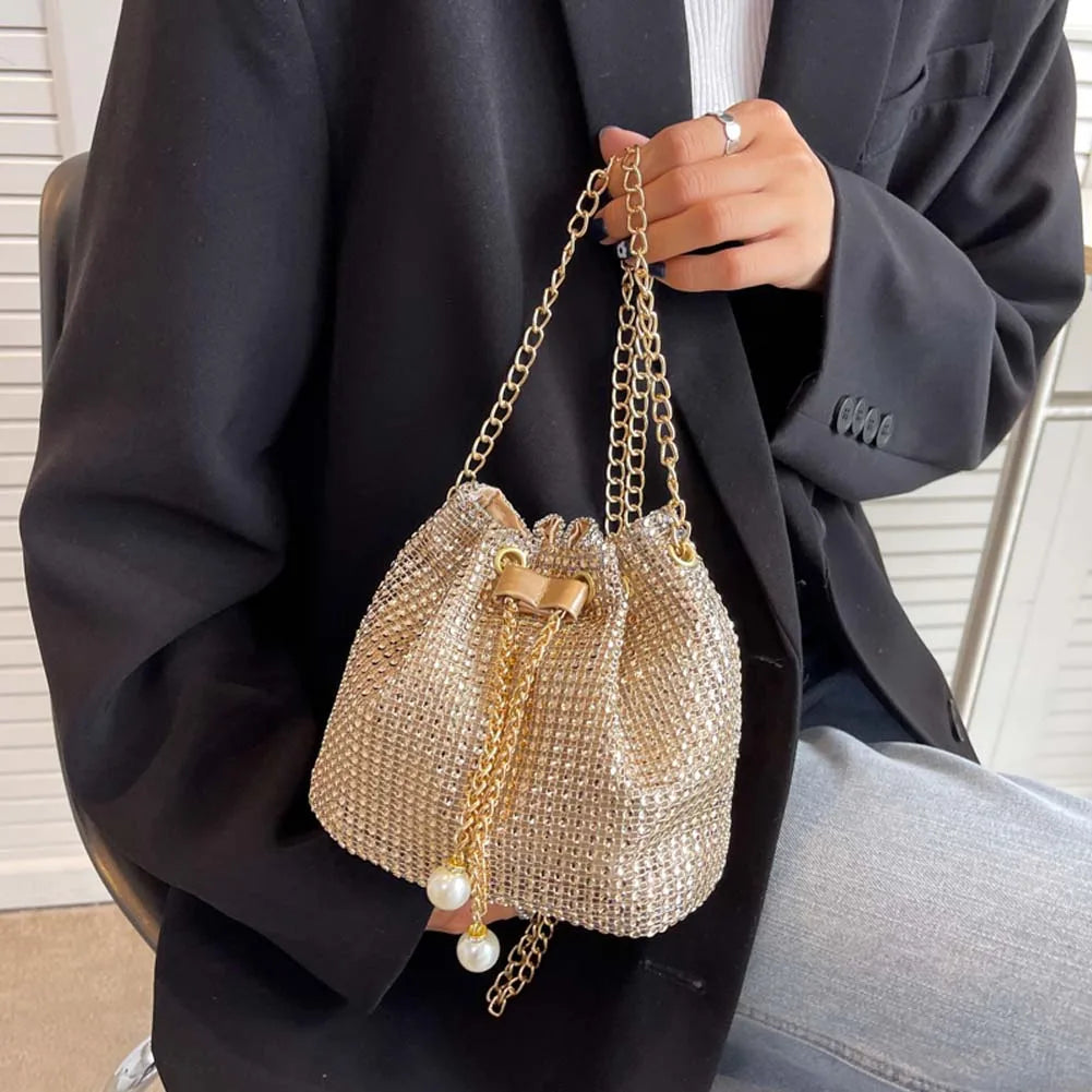 Women Chain Crossbody Bag Solid Color Rhinestone Glittering Satchel Bag Drawstring Bling Bucket Bag Female Dating Bag