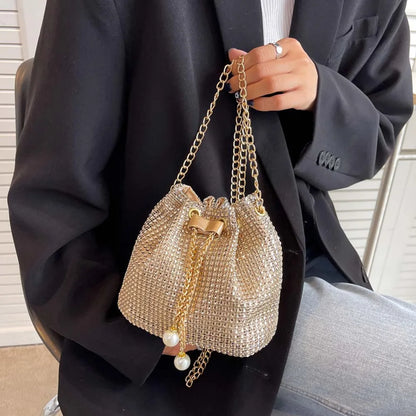 Women Chain Crossbody Bag Solid Color Rhinestone Glittering Satchel Bag Drawstring Bling Bucket Bag Female Dating Bag