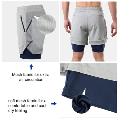 Lixada Men 2 in 1 Running Shorts Quick Drying Breathable Active Training Exercise Jogging Marathon Cycle Shorts