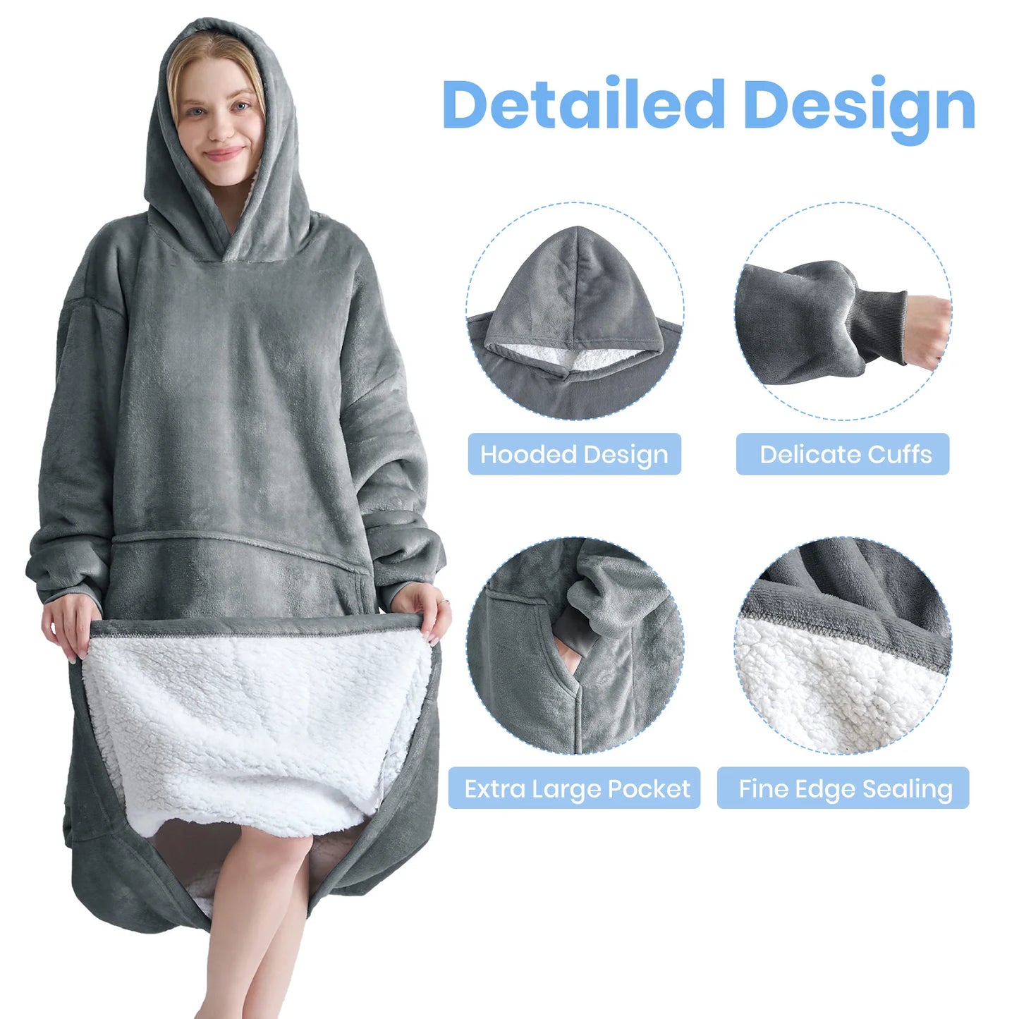 Good Nite Women Sherpa Fluffle Sweatshirt Blanket Lengthen Warm Cozy Oversized Wearable Pocket Blanket Hoodie for Adults