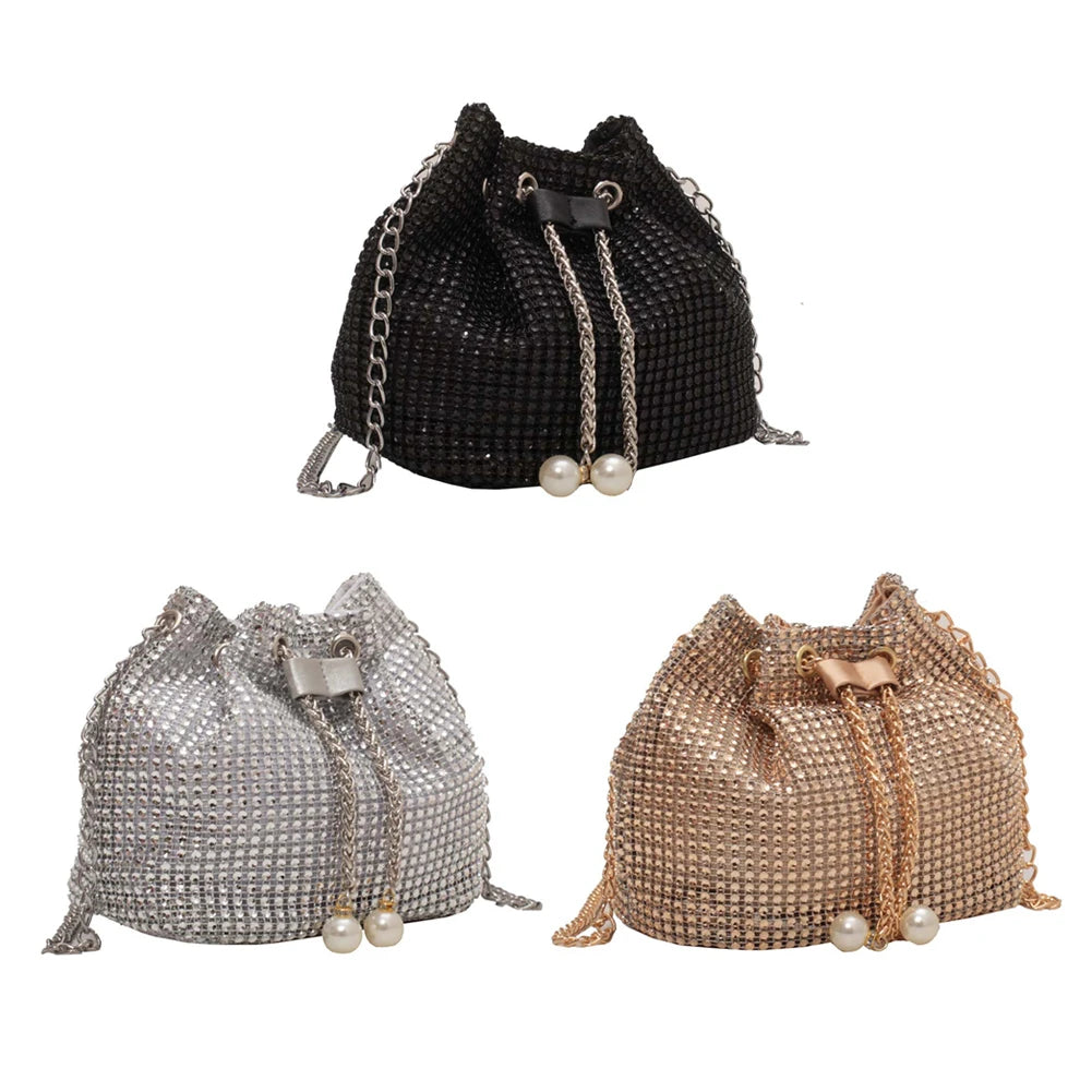 Women Chain Crossbody Bag Solid Color Rhinestone Glittering Satchel Bag Drawstring Bling Bucket Bag Female Dating Bag