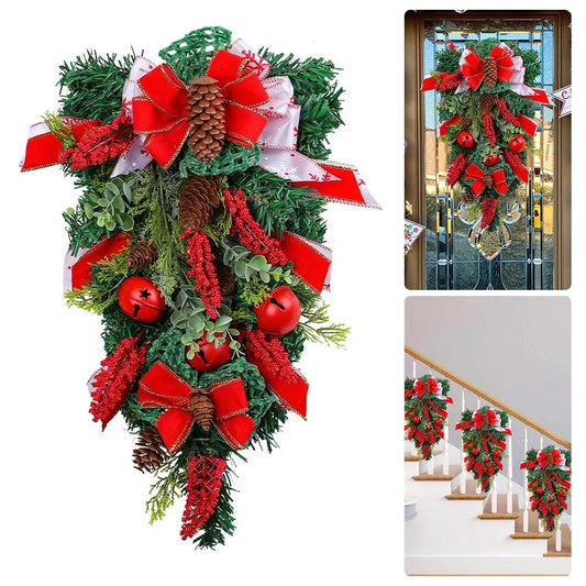 Christmas Wreath Artificial Gold Decorated Door Decoration With Bows Pendant