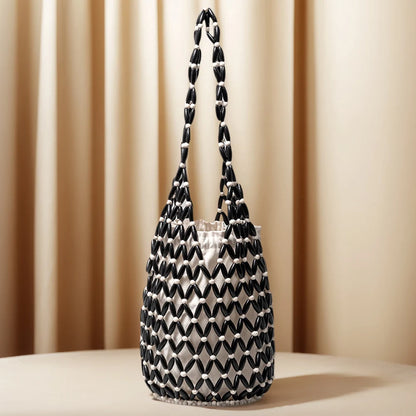 Women Hollow-out Shoulder Bags Woven Hand Bag Wooden Bead Tote Handbag Beach Top-Handle Bags Summer Netted Canvas Bucket Bags
