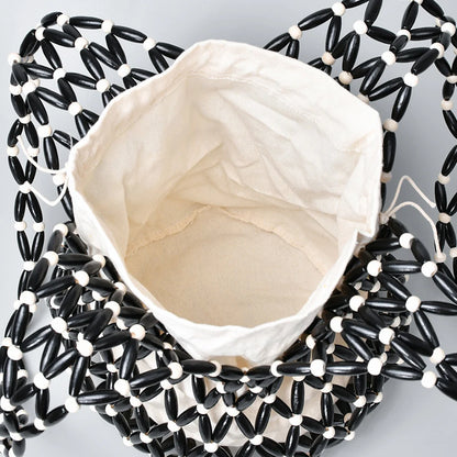 Women Hollow-out Shoulder Bags Woven Hand Bag Wooden Bead Tote Handbag Beach Top-Handle Bags Summer Netted Canvas Bucket Bags