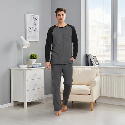 Modishion Men's Long Sleeve Cotton Pajama Set Modal Home Clothes Long Shirt Pants Pajamas