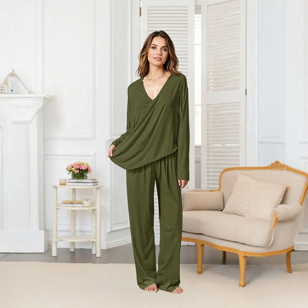 Modishion Women's V-neck long-sleeved pajamas home wear set loose and comfortable simple and fashionable Sleepwear
