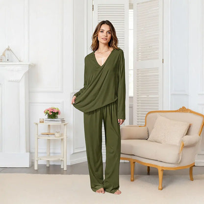 Modishion Women's V-neck long-sleeved pajamas home wear set loose and comfortable simple and fashionable Sleepwear