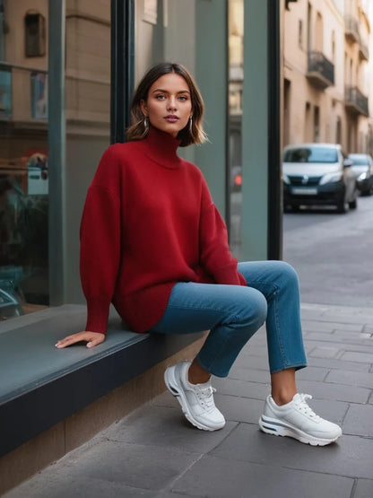 Autumn Winter Women's Pullover Sweater Solid Color Simple Casual High Neck Long Sleeve Knitte Sweaters Female Commuting Clothing