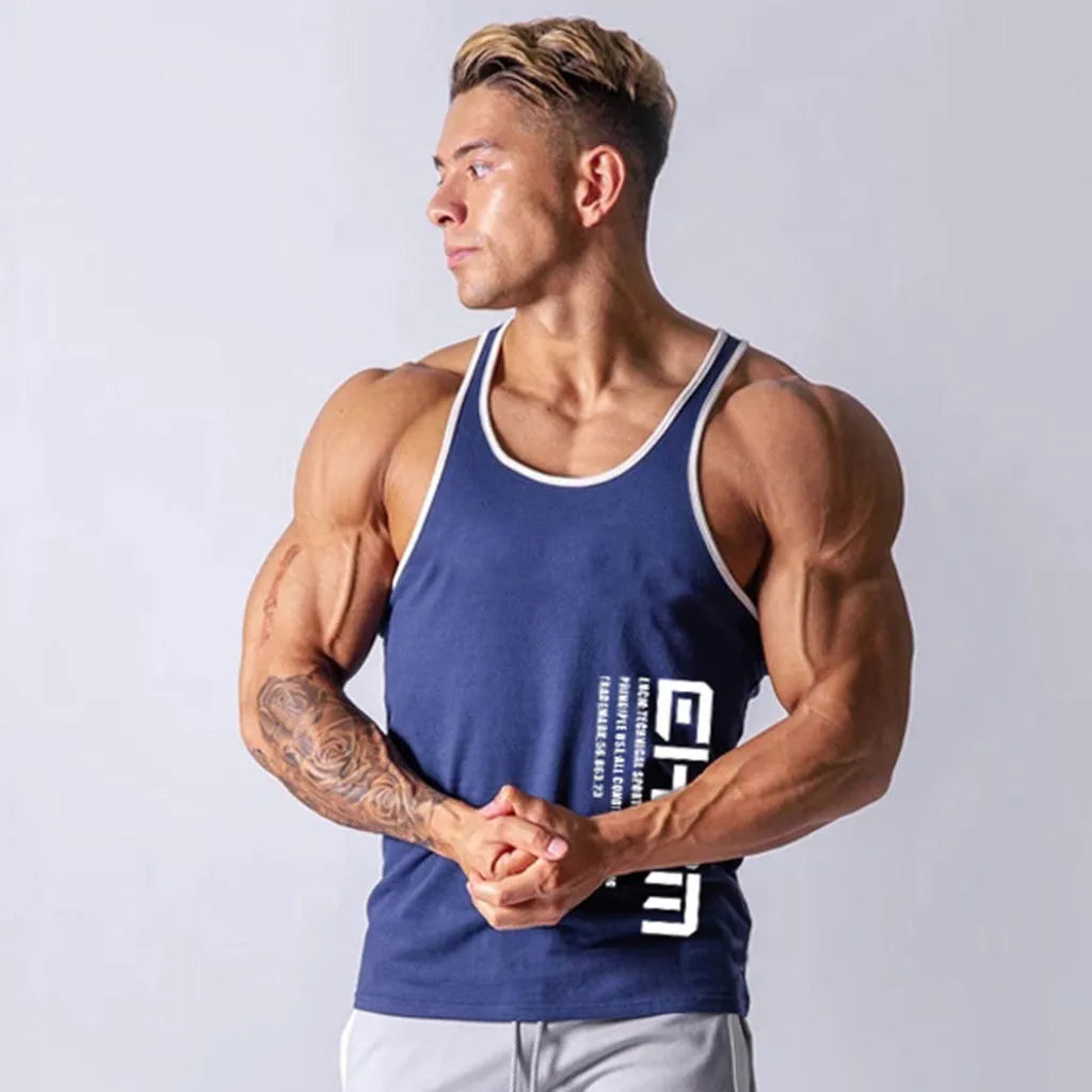 Summer Tight Letter Embroidered Fashion Casual Deep Round Neck Sleeveless Outdoor Running Fitness Sports Tank Top For Male