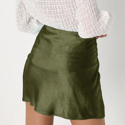 High Waist Zipper Satin Ribbon Lined Skirt For Lady Fashion Solid Color Lightweight Verrsatile Summer A-line Half Skirt