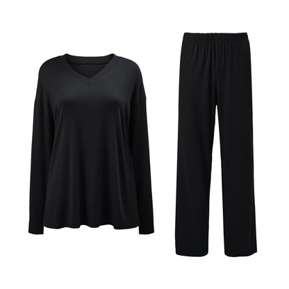Modishion Women's V-neck long-sleeved pajamas home wear set loose and comfortable simple and fashionable Sleepwear