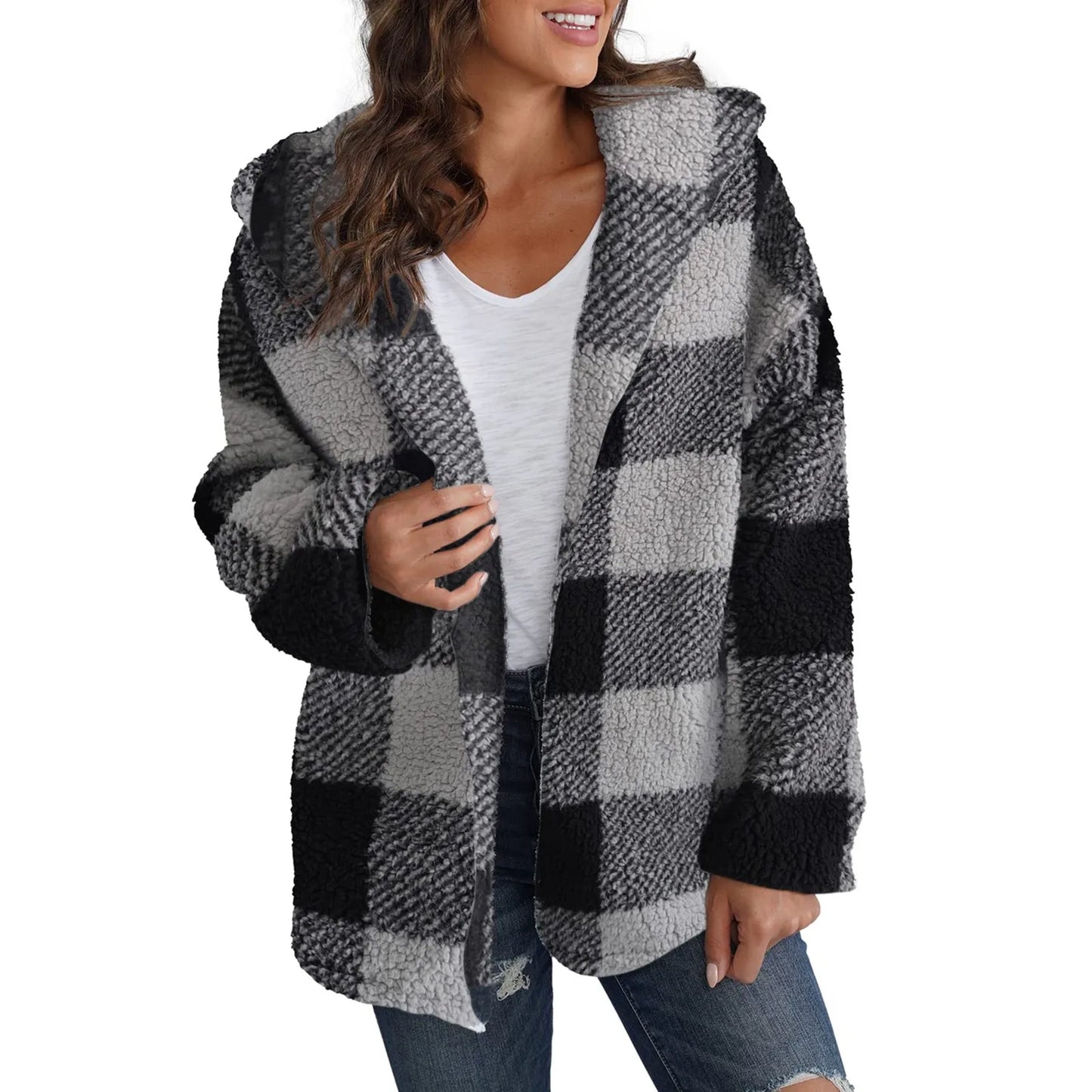 Loose Long Sleeve Plush Plaid Hooded Pocket Zipper Jacket Fashion Winter Warm Fuzzy Cardigan For Female