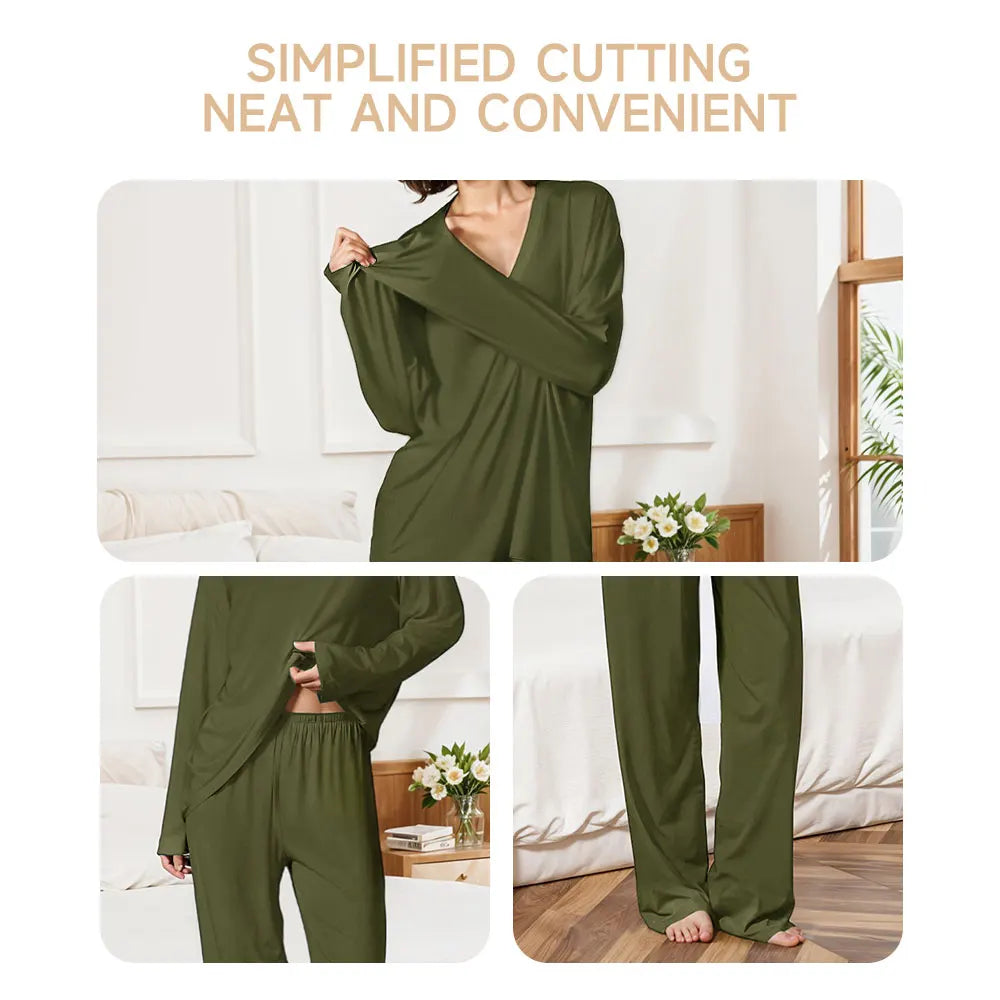 Modishion Women's V-neck long-sleeved pajamas home wear set loose and comfortable simple and fashionable Sleepwear