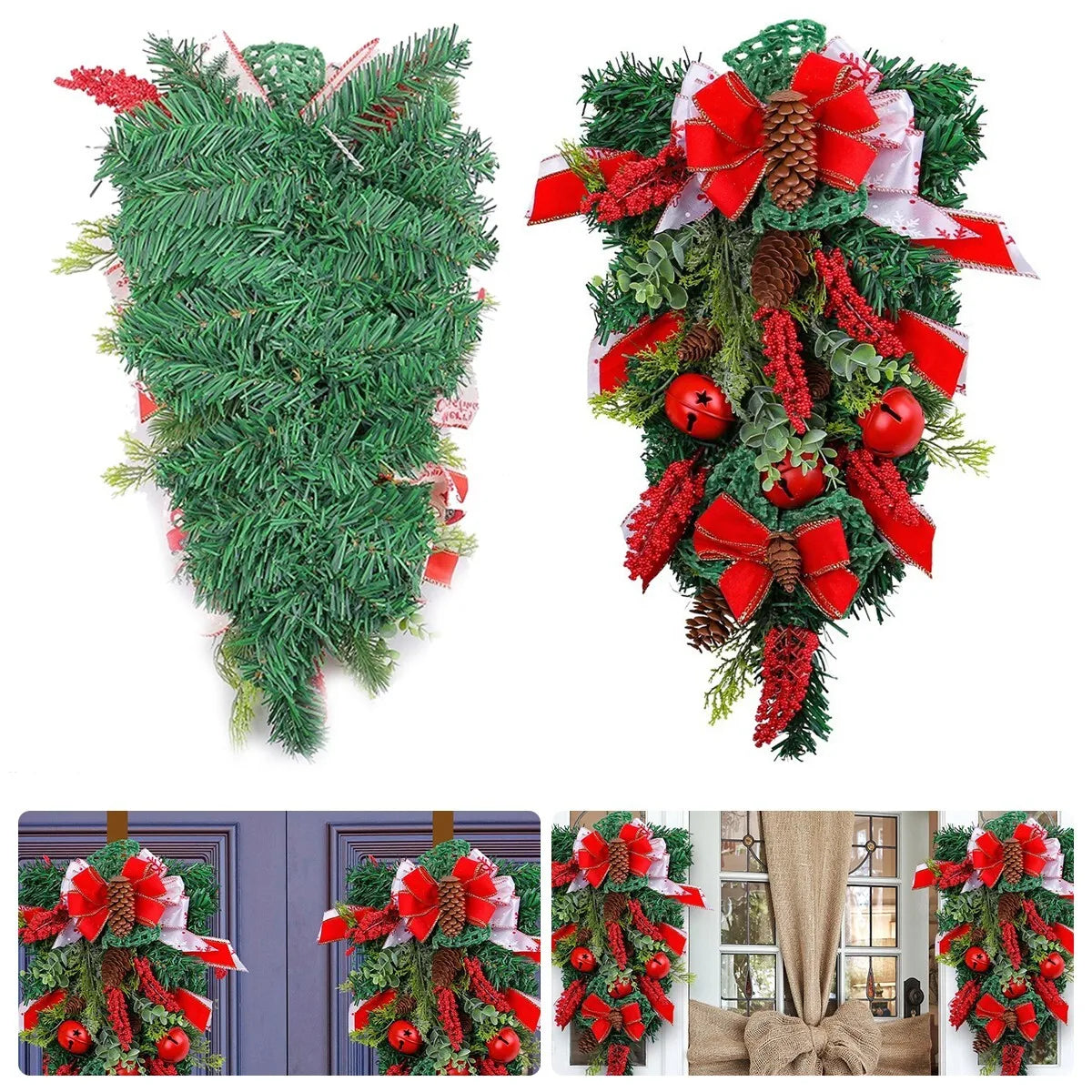 Christmas Wreath Artificial Gold Decorated Door Decoration With Bows Pendant