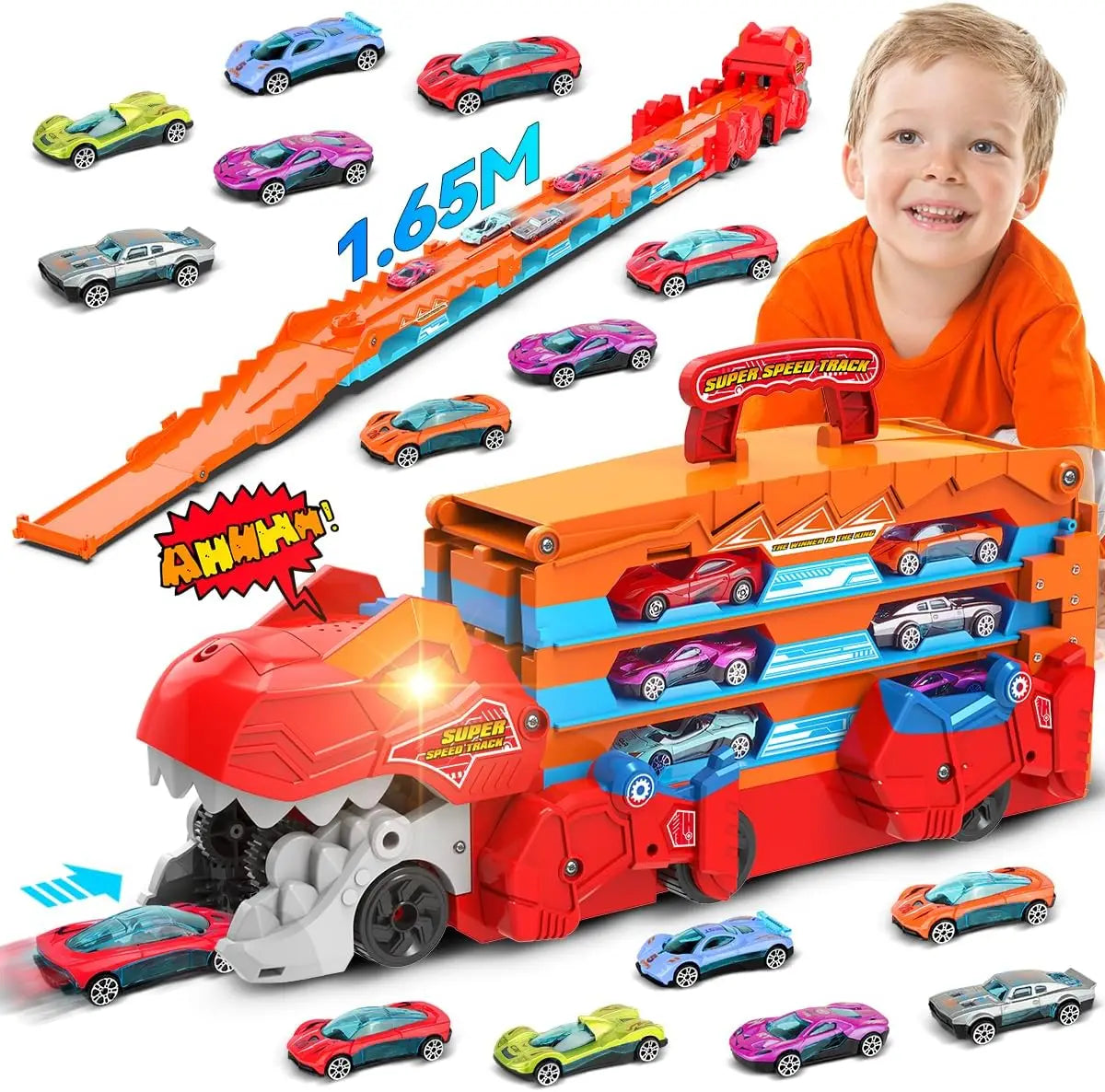 Dinosaur 3-In-1 Transport Truck Car Toys for Boys Age 3+ 8 Race Cars Ejection Folding Portable Track Toy with Sound for Kids