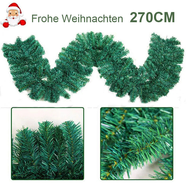 9FT Bushy Christmas Garland Fireplace Artificial Wreath Stairs Xmas Decorations