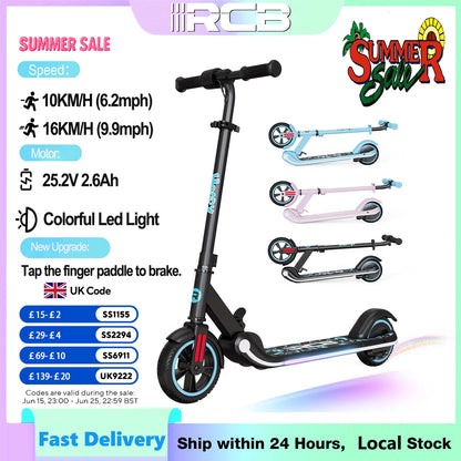RCB Electric Scooter for Kids Ages 6-12 Years,  Up to 16KM/H & 8KM, LED Display, Colorful LED Lights, Lightweight Kids E Scooter