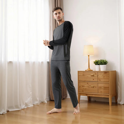 Modishion Men's Long Sleeve Cotton Pajama Set Modal Home Clothes Long Shirt Pants Pajamas