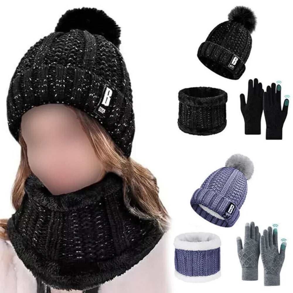 Womens Girls Thick Knit Hat Scarf and Touchscreen Gloves Set Knitted Winter Gift
