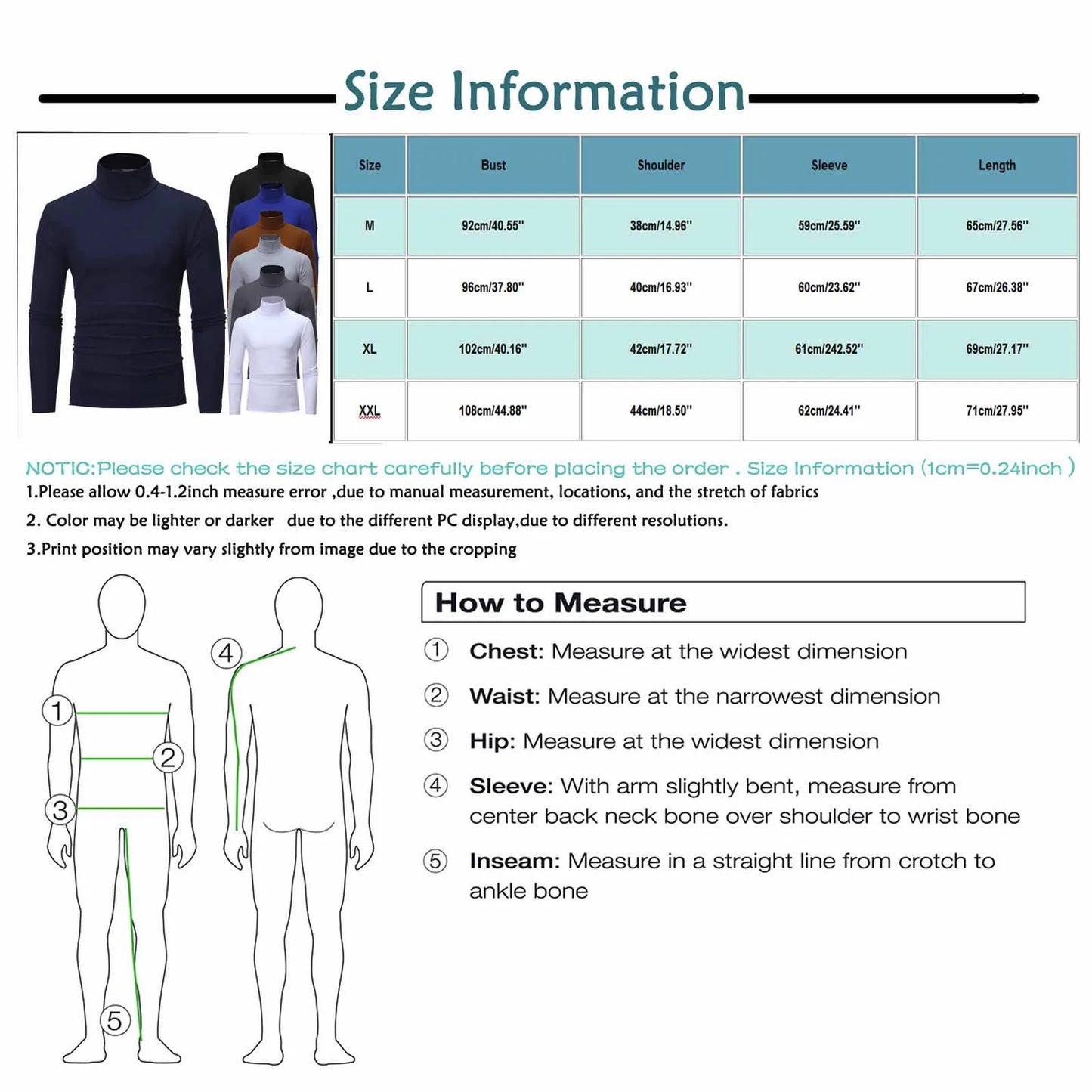 Men's Solid Color High Neck Long Sleeve Basic Top Turtleneck Slim Pullover Sweater Blouse Top