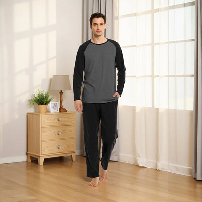 Modishion Men's Long Sleeve Cotton Pajama Set Modal Home Clothes Long Shirt Pants Pajamas