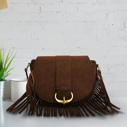Women Suede Crossbody Bag with Tassels Shoulder Bag Zipper Closure Handbag Satchel Bag for Work Travel
