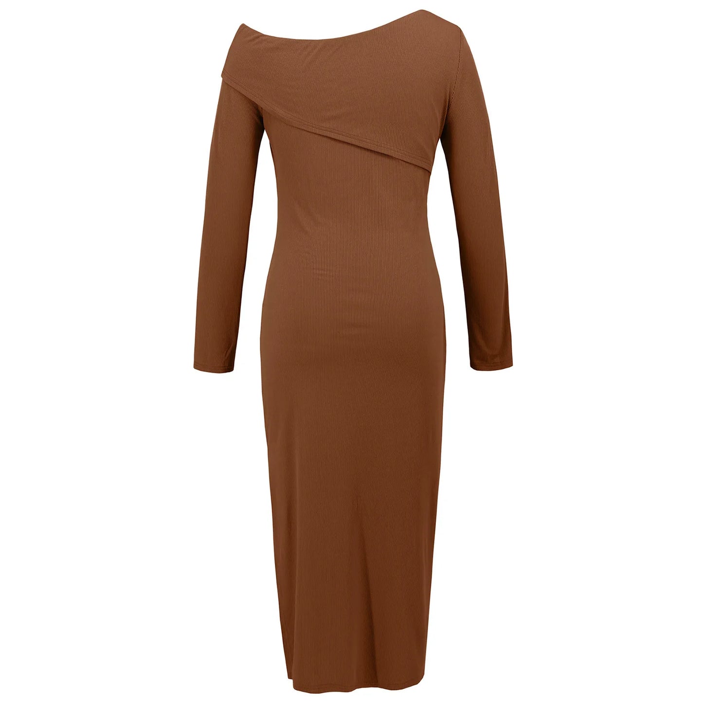 Women's Fashion Sexy Slant Shoulder Ribbed Knit Dress Slit Long Sleeve Wrap Hip Dress Solid Color Slim Streetwear Skirt