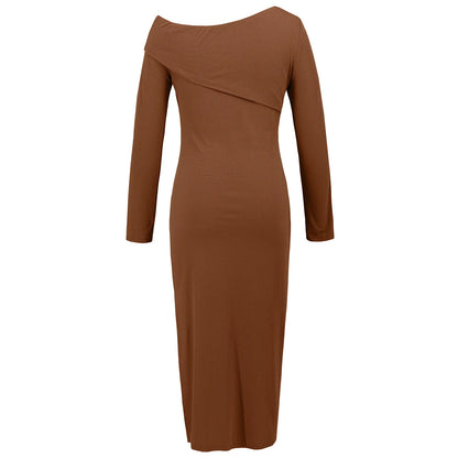 Women's Fashion Sexy Slant Shoulder Ribbed Knit Dress Slit Long Sleeve Wrap Hip Dress Solid Color Slim Streetwear Skirt
