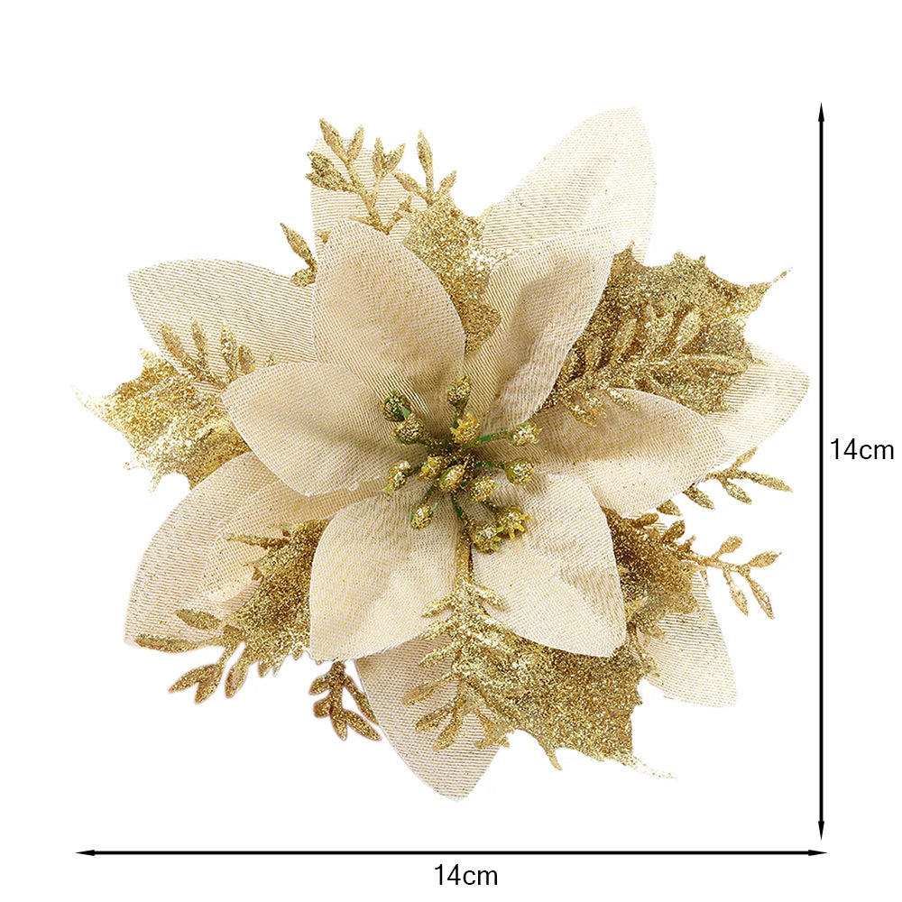 24 Pcs Christmas Tree Flower Decorations Glitter Artificial Flower Ornaments Christmas New Year Party Holiday Home Decoration