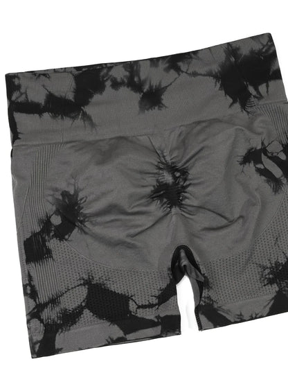 2pcs Women's High-Waist Tie-Dye Yoga Shorts - Seamless, Booty Lifting, Stretchy Nylon & Spandex Blend, Red & Grey