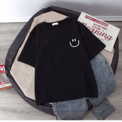 Pure white smiling face children's short-sleeved T-shirt loose basic summer versatile base dressing fresh and simple