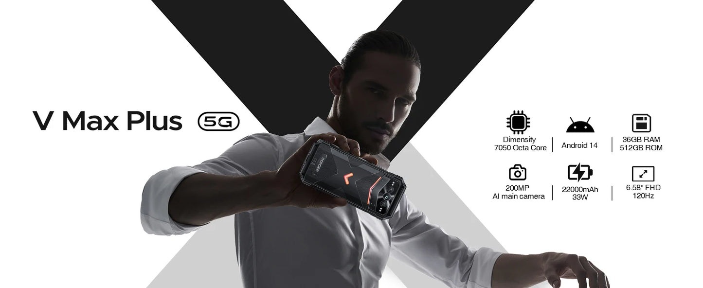 DOOGEE V Max Plus 5G Rugged Phone 6.58" Dimensity 7050 16GB+512GB Lighting Effects 22000mAh Battery 200MP AI Camera Cell Phone