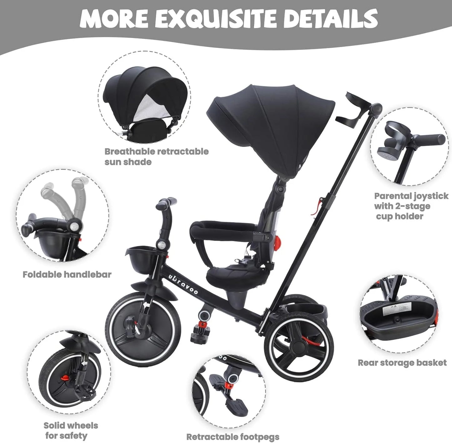 Ubravoo Baby Stroller Tricycle Ride Bike , 5-in-1, Adjustable Canopy, Sitting & Lying,Celerity Disassembly & Assembly,1-5 Years